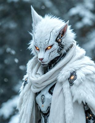 The primary subject of the image is a white wolf with glowing red eyes. The wolf is wearing a white coat and has a scarf wrapped around its neck. The setting is a snowy environment, with the wolf standing in the snow. The visual style of the image is a combination of photo and digital art, creating a unique and captivating scene. The colors and mood of the image are predominantly white, with the red eyes of the wolf adding a touch of warmth and intensity to the